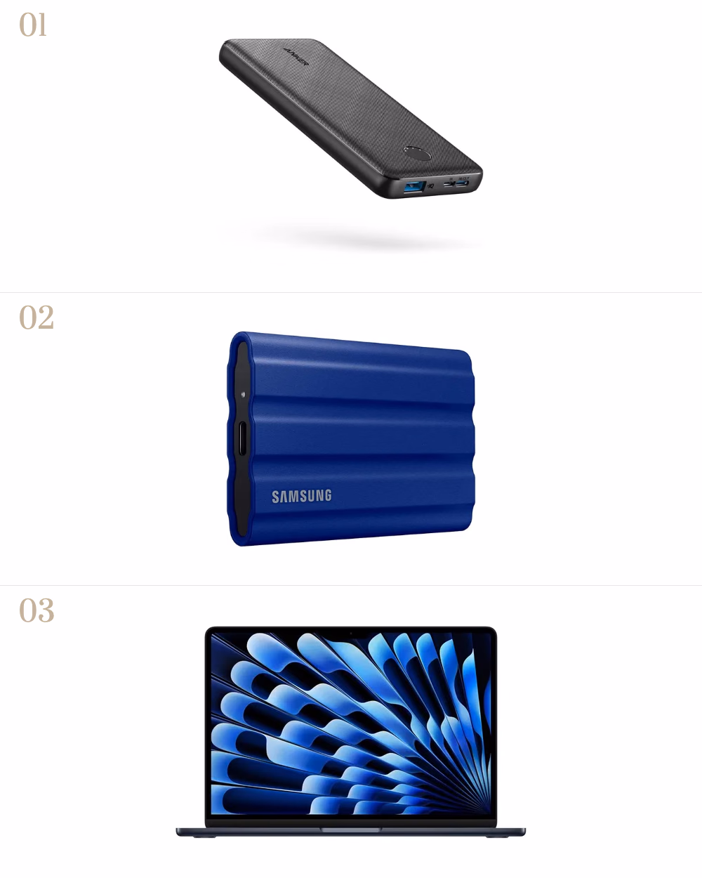 Featured image for Best School Gadgets 2025: Top Tech for Students showing Anker Power Bank, Samsung T7 1TB USB3.2, Laptop - Mackbook Air