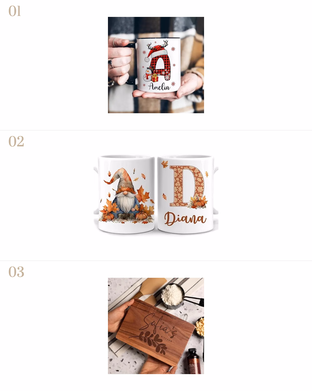 Featured image for Thanksgiving Shopping Picks for 2024: Simple and Best Gifts for Family and Friends showing Custom Monogram Mugs, Personalized Fall Gnome Coffee Mug, Personalized cutting board