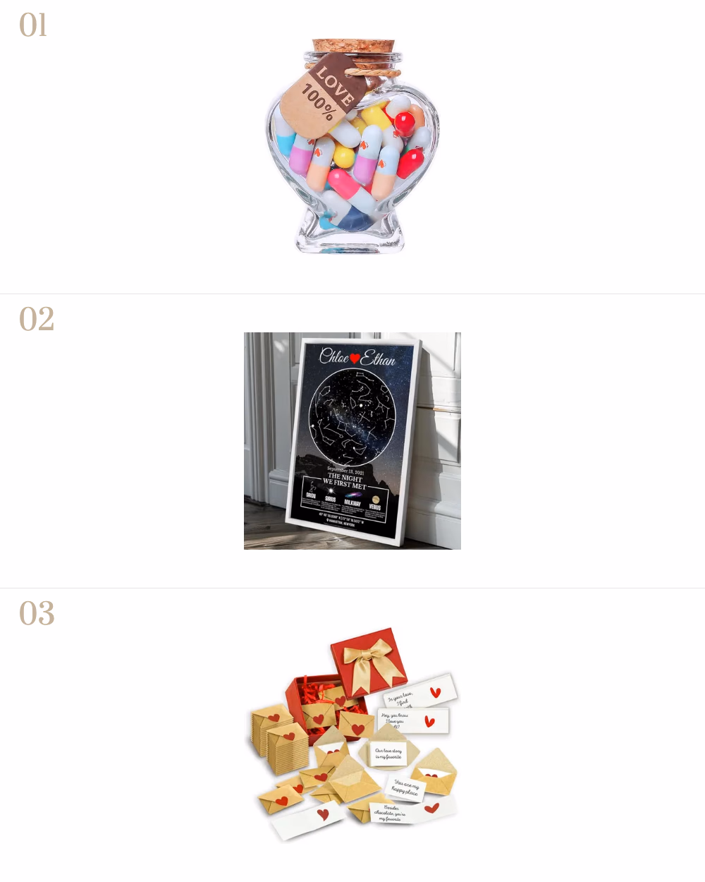 Featured image for The Best Romantic Valentine’s Day Gifts for Him/Her showing Capsule Letters in a Bottle, Custom Couples Star Map, Love Notes