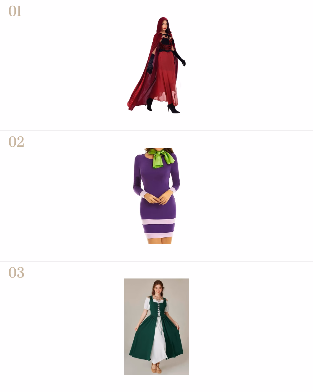Featured image for Top 6 Halloween costumes for 2024 showing Red Riding Hood Costume / Starting $42, Mini Scooby Doo Costume / Under, Renaissance Dress / Under