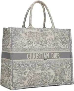Grey Christian Dior Book Tote in toile de Jouy jacquard