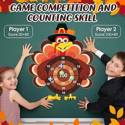 Children playing a Thanksgiving turkey dart board counting game