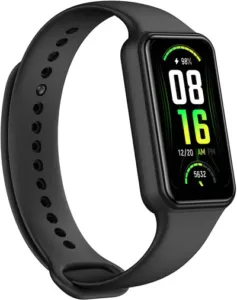 Black fitness tracker band with a colour display