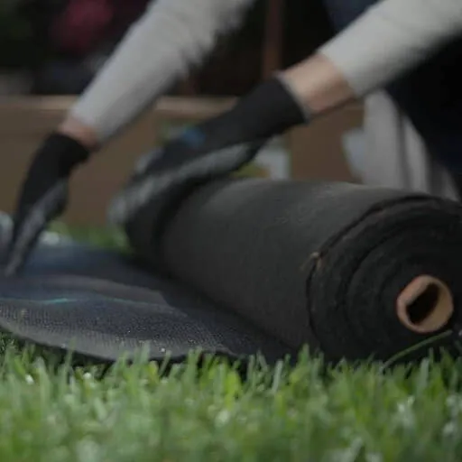 Roll of black weed barrier fabric being unrolled across grass