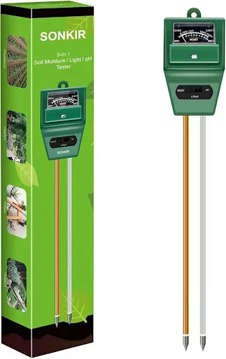 Sonkir 3-in-1 soil test meter with its retail box and twin probes