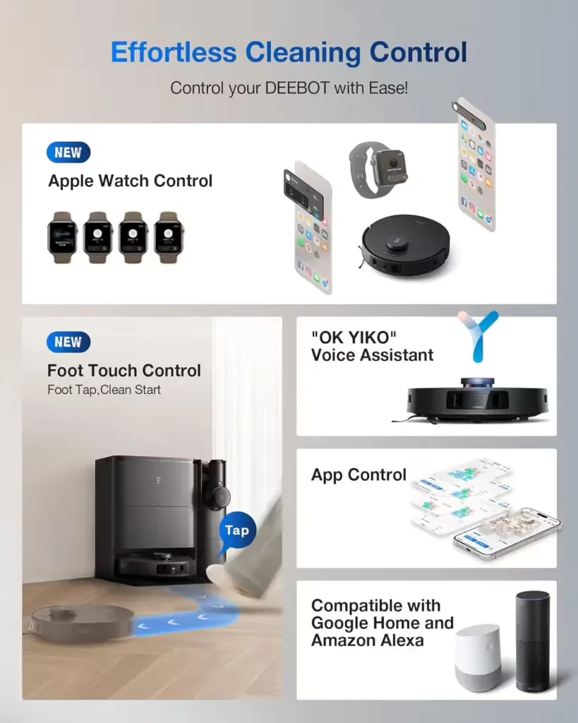 ECOVACS DEEBOT control options: Apple Watch, foot-tap start, phone app and voice assistants