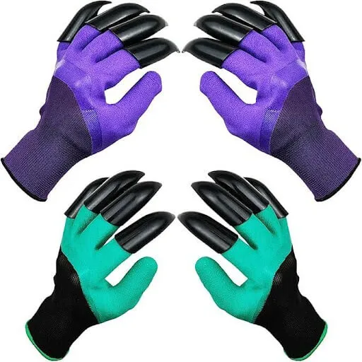 Two pairs of gardening gloves with moulded claw fingertips, in purple and green
