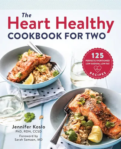 The Heart Healthy Cookbook for Two by Jennifer Koslo, cover showing salmon dishes
