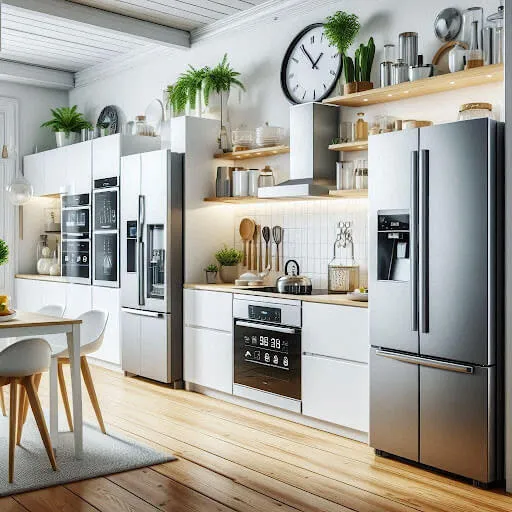 Bright modern kitchen with white cabinets, stainless steel appliances and a dining table
